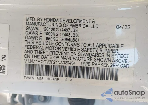 2022 Honda Accord Hybrid Sport z USA, uszkodzony, nr VIN 1HGCV3F21NA020494